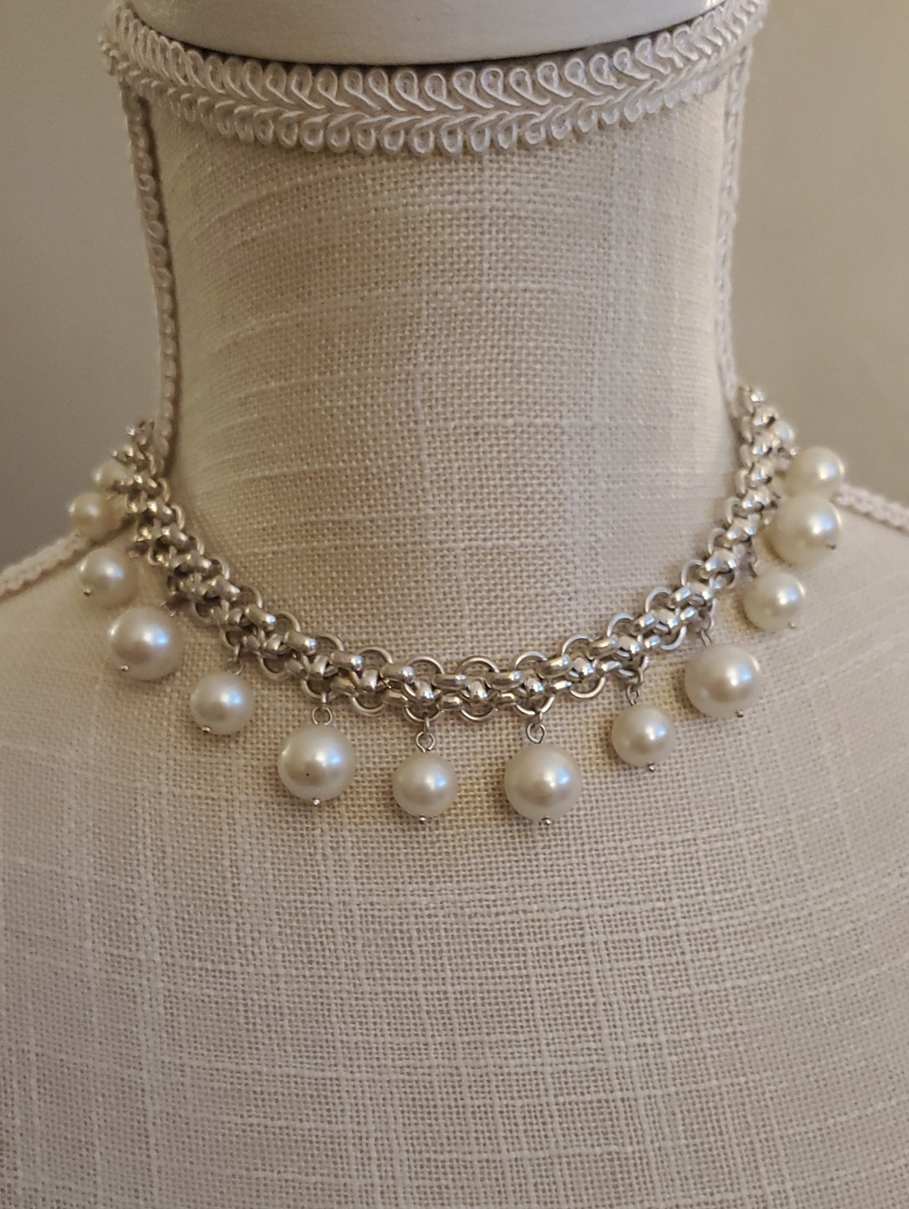 Vintage CAROLEE signed Silver Pearl Drop Choker Necklace